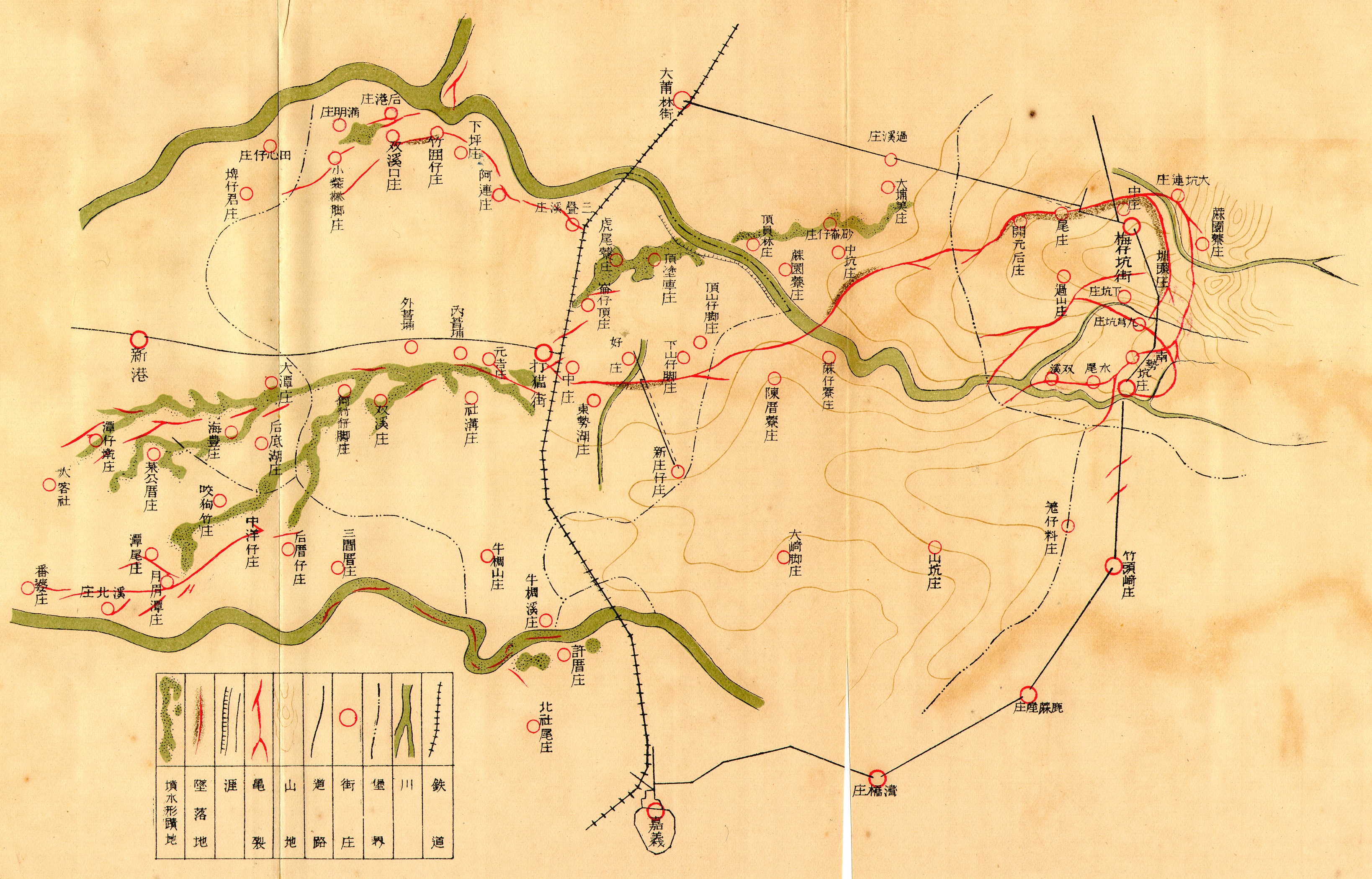 1906年梅山地震地變分布圖。(根據臺灣總督府民政部總務局, 1907)